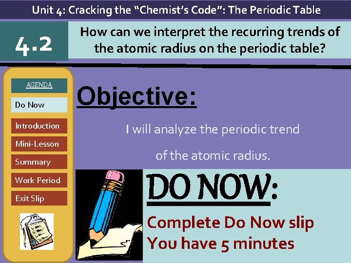 Unit 4: Cracking the “Chemist’s Code”: The Periodic Table 4. 2 AGENDA Do Now Unit 4: Cracking the “Chemist’s Code”: The Periodic Table 4. 2 AGENDA Do Now