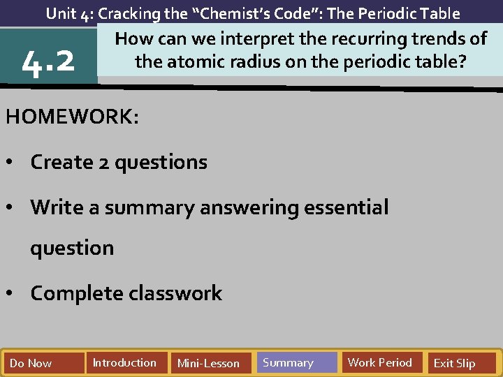 Unit 4: Cracking the “Chemist’s Code”: The Periodic Table How can we interpret the Unit 4: Cracking the “Chemist’s Code”: The Periodic Table How can we interpret the