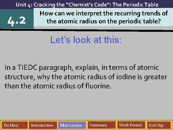 Unit 4: Cracking the “Chemist’s Code”: The Periodic Table 4. 2 How can we Unit 4: Cracking the “Chemist’s Code”: The Periodic Table 4. 2 How can we