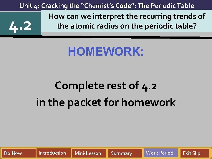 Unit 4: Cracking the “Chemist’s Code”: The Periodic Table 4. 2 How can we Unit 4: Cracking the “Chemist’s Code”: The Periodic Table 4. 2 How can we