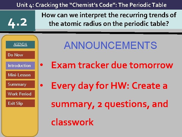 Unit 4: Cracking the “Chemist’s Code”: The Periodic Table 4. 2 AGENDA How can Unit 4: Cracking the “Chemist’s Code”: The Periodic Table 4. 2 AGENDA How can