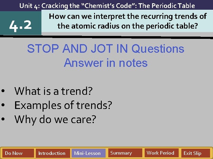 Unit 4: Cracking the “Chemist’s Code”: The Periodic Table 4. 2 How can we Unit 4: Cracking the “Chemist’s Code”: The Periodic Table 4. 2 How can we