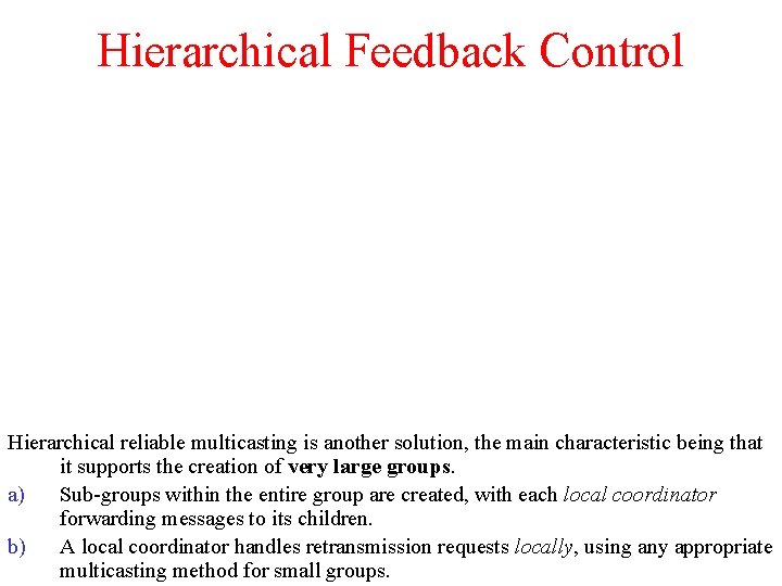 Hierarchical Feedback Control Hierarchical reliable multicasting is another solution, the main characteristic being that Hierarchical Feedback Control Hierarchical reliable multicasting is another solution, the main characteristic being that