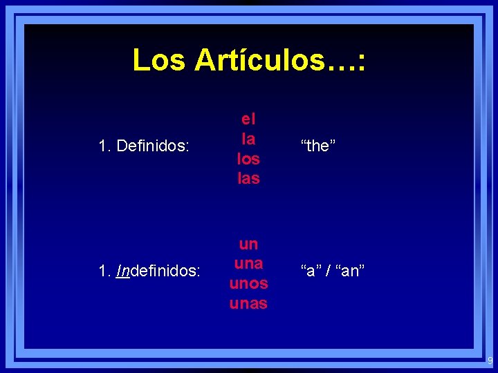 Los Artículos…: 1. Definidos: 1. Indefinidos: el la los las un una unos unas