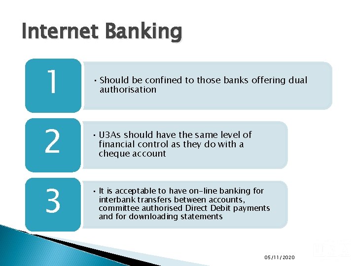 Internet Banking 1 • Should be confined to those banks offering dual authorisation 2