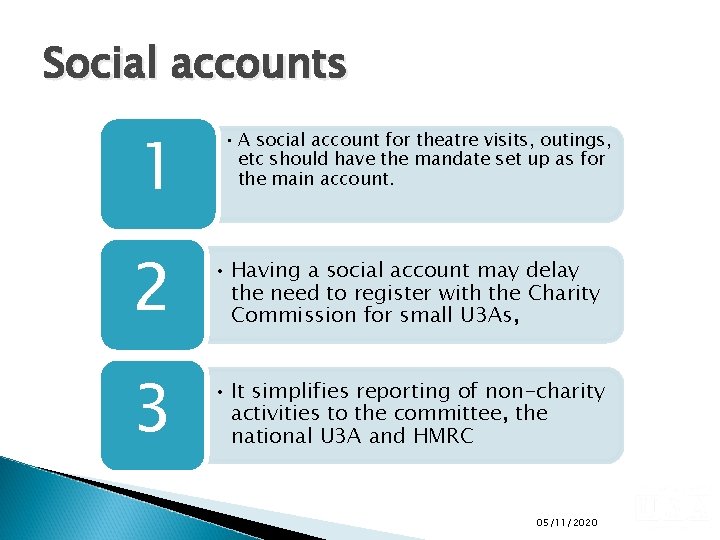Social accounts 1 • A social account for theatre visits, outings, etc should have