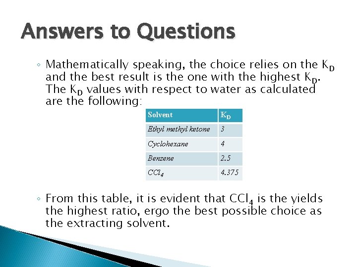 Answers to Questions ◦ Mathematically speaking, the choice relies on the KD and the