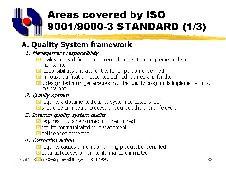 Areas covered by ISO 9001/9000 -3 STANDARD (1/3) A. A. Quality System framework 1.