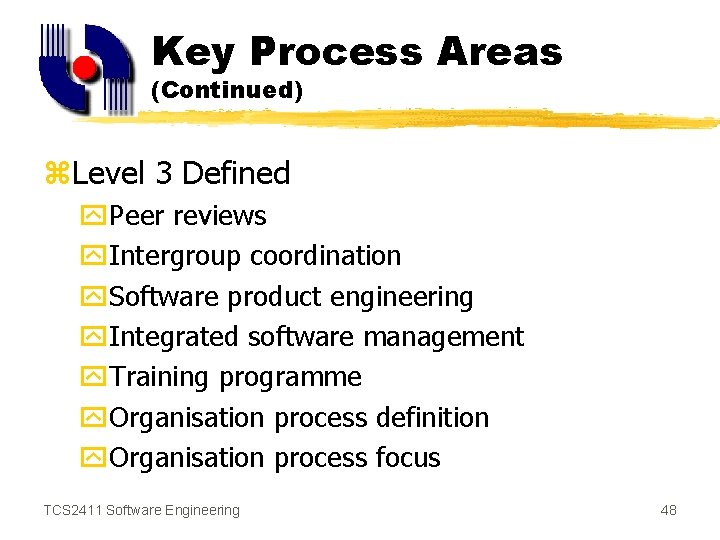 Key Process Areas (Continued) z. Level 3 Defined y. Peer reviews y. Intergroup coordination