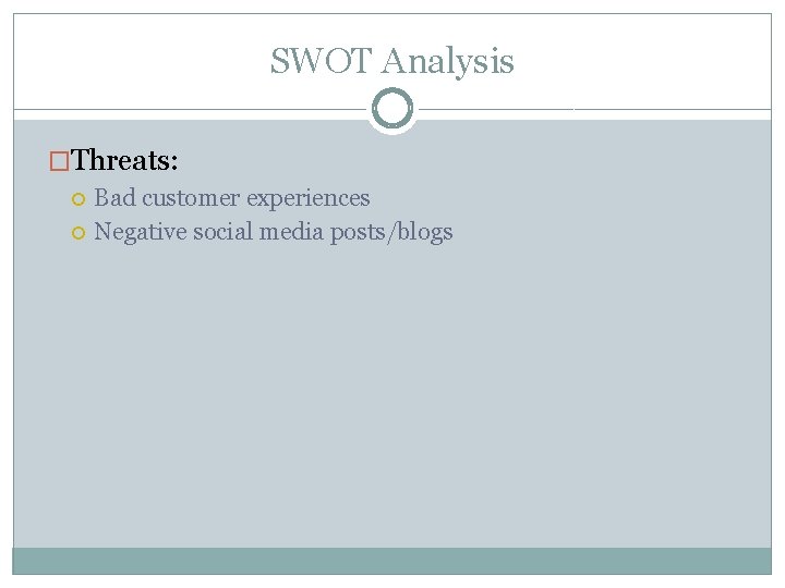 SWOT Analysis �Threats: Bad customer experiences Negative social media posts/blogs 