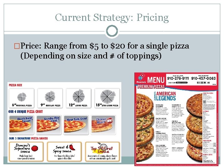 Current Strategy: Pricing �Price: Range from $5 to $20 for a single pizza (Depending