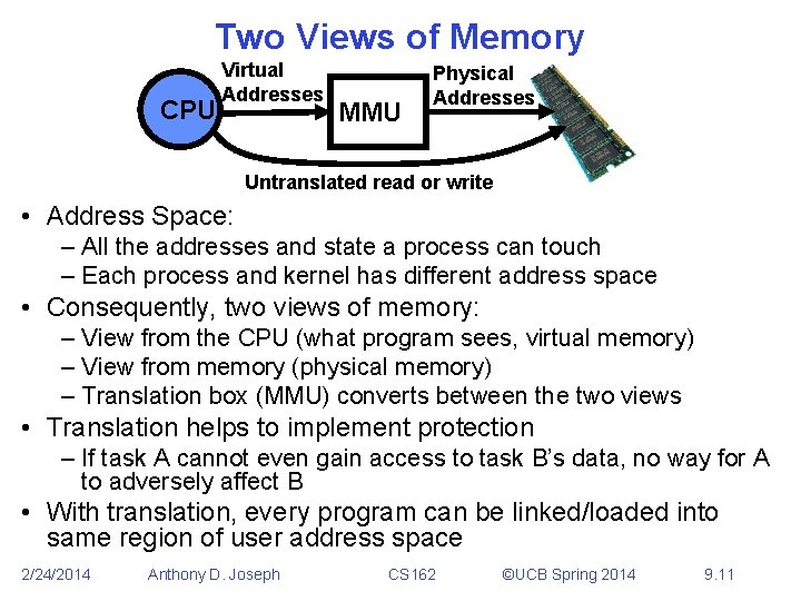 Two Views of Memory CPU Virtual Addresses MMU Physical Addresses Untranslated read or write