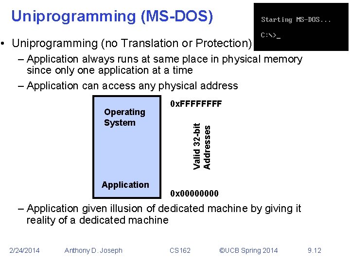 Uniprogramming (MS-DOS) • Uniprogramming (no Translation or Protection) – Application always runs at same
