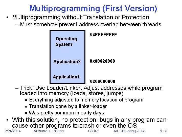 Multiprogramming (First Version) • Multiprogramming without Translation or Protection – Must somehow prevent address