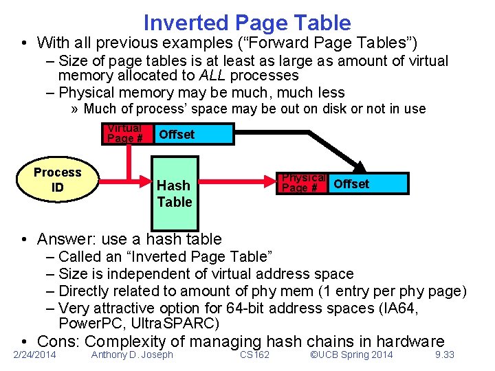 Inverted Page Table • With all previous examples (“Forward Page Tables”) – Size of