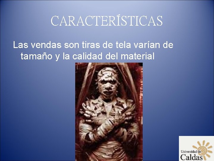 CARACTERÍSTICAS Las vendas son tiras de tela varían de tamaño y la calidad del