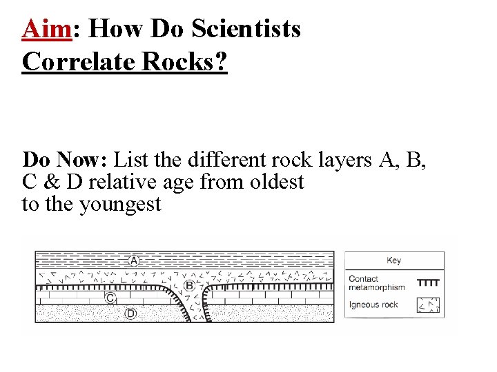 Aim: How Do Scientists Correlate Rocks? Do Now: List the different rock layers A,