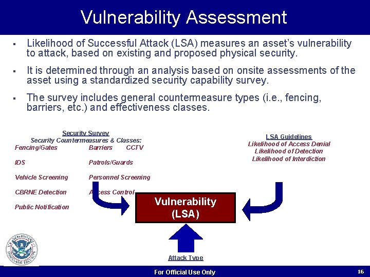 Vulnerability Assessment § Likelihood of Successful Attack (LSA) measures an asset’s vulnerability to attack, Vulnerability Assessment § Likelihood of Successful Attack (LSA) measures an asset’s vulnerability to attack,