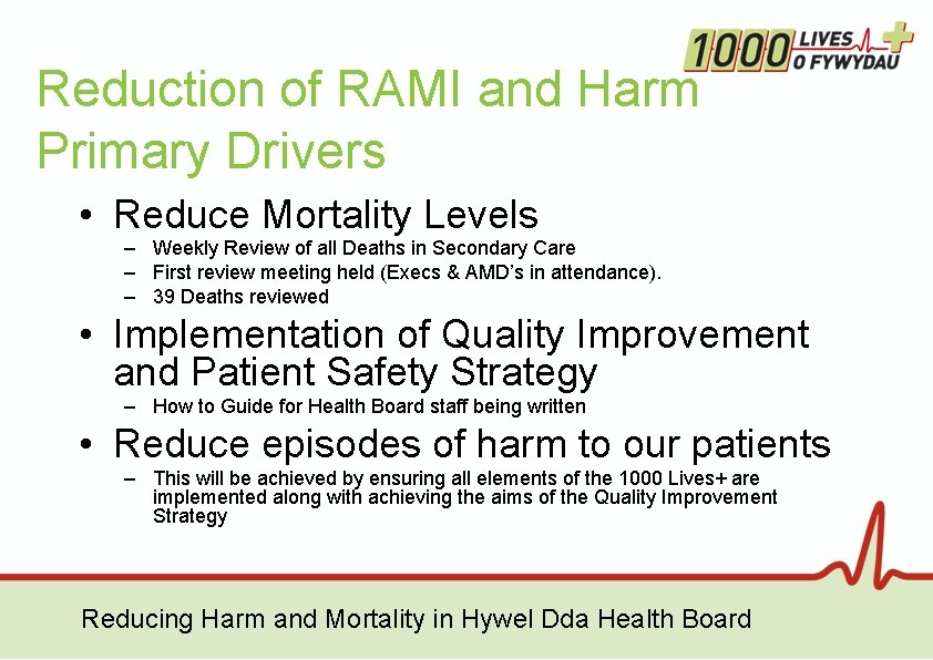 Reduction of RAMI and Harm Primary Drivers • Reduce Mortality Levels – Weekly Review Reduction of RAMI and Harm Primary Drivers • Reduce Mortality Levels – Weekly Review