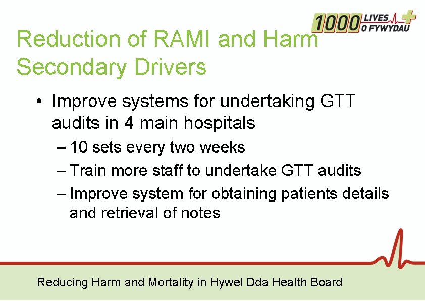 Reduction of RAMI and Harm Secondary Drivers • Improve systems for undertaking GTT audits Reduction of RAMI and Harm Secondary Drivers • Improve systems for undertaking GTT audits