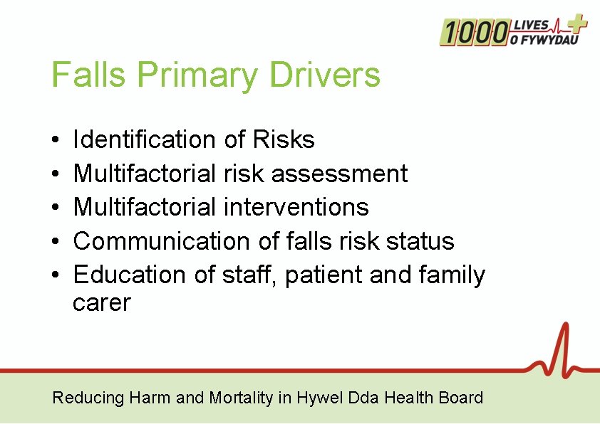Falls Primary Drivers • • • Identification of Risks Multifactorial risk assessment Multifactorial interventions Falls Primary Drivers • • • Identification of Risks Multifactorial risk assessment Multifactorial interventions