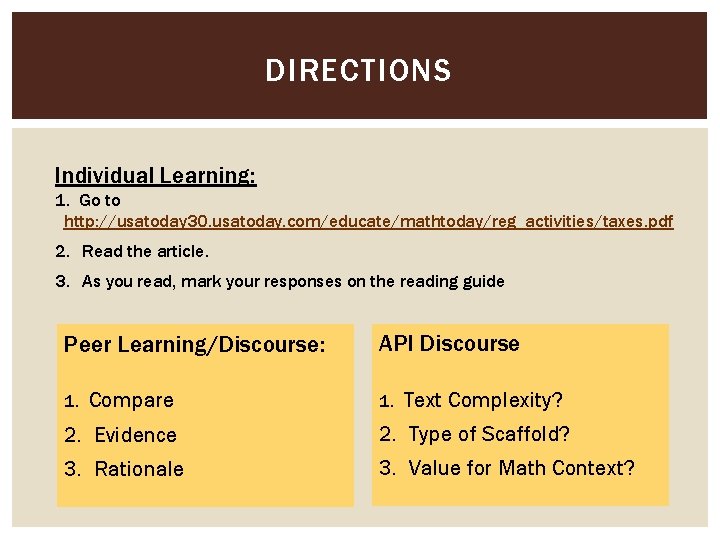 DIRECTIONS Individual Learning: 1. Go to http: //usatoday 30. usatoday. com/educate/mathtoday/reg_activities/taxes. pdf 2. Read