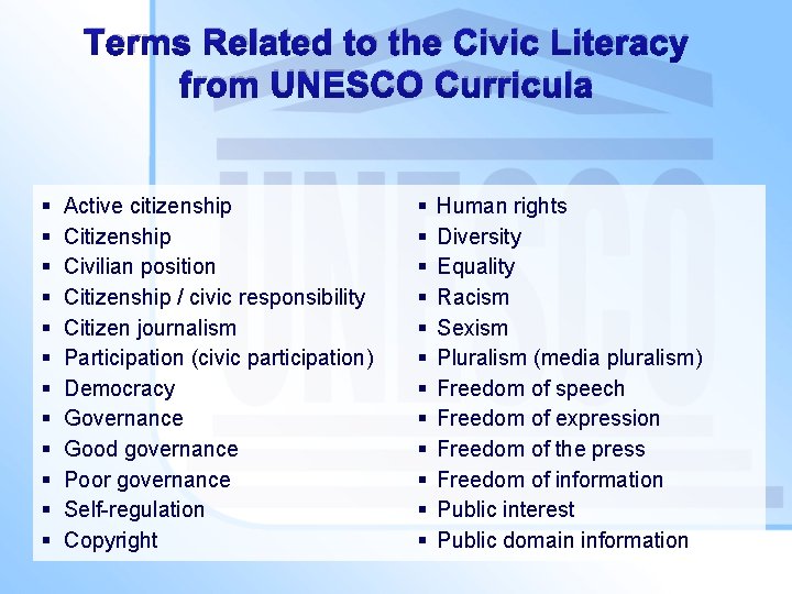 Terms Related to the Civic Literacy from UNESCO Curricula § § § Active citizenship