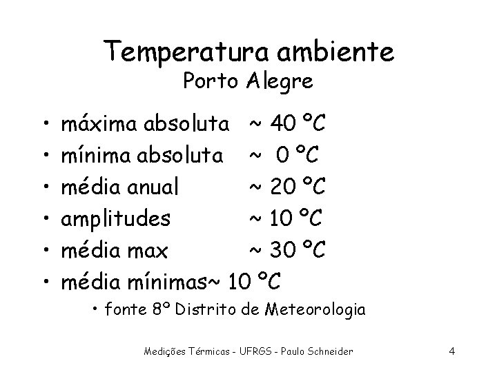 Temperatura ambiente Porto Alegre • • • máxima absoluta ~ 40 ºC mínima absoluta