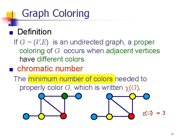 Graph Coloring Definition If G = (V, E) is an undirected graph, a proper