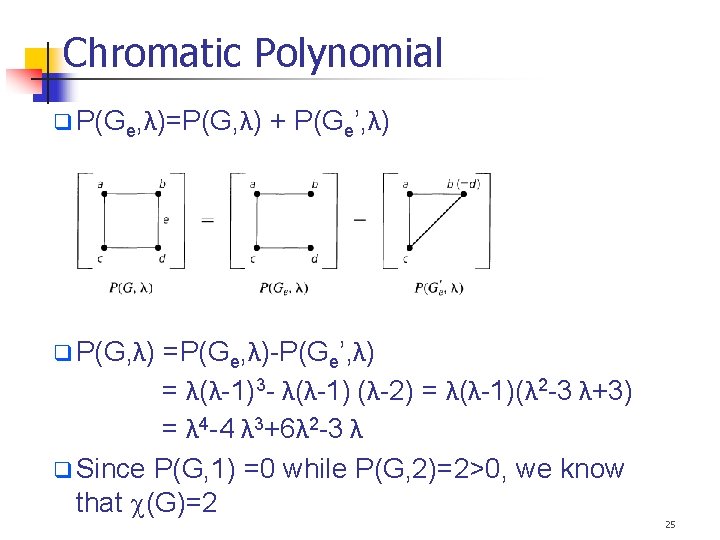 Chromatic Polynomial P(Ge, λ)=P(G, λ) + P(Ge’, λ) P(G, λ) =P(Ge, λ)-P(Ge’, λ) =