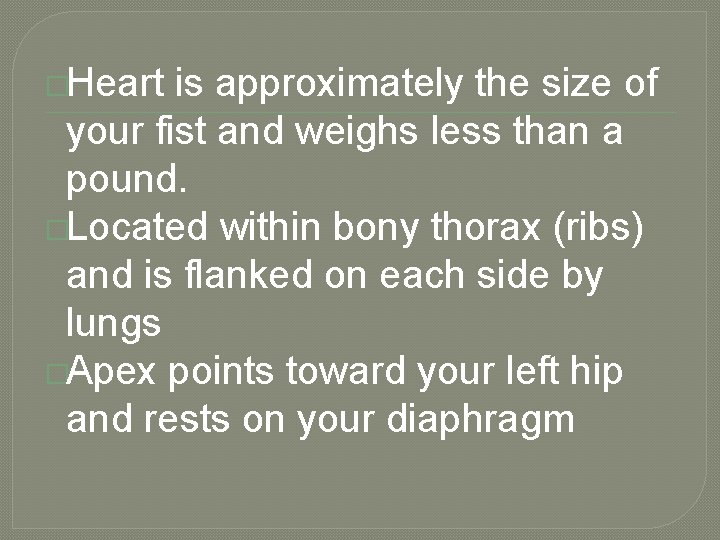 �Heart is approximately the size of your fist and weighs less than a pound.