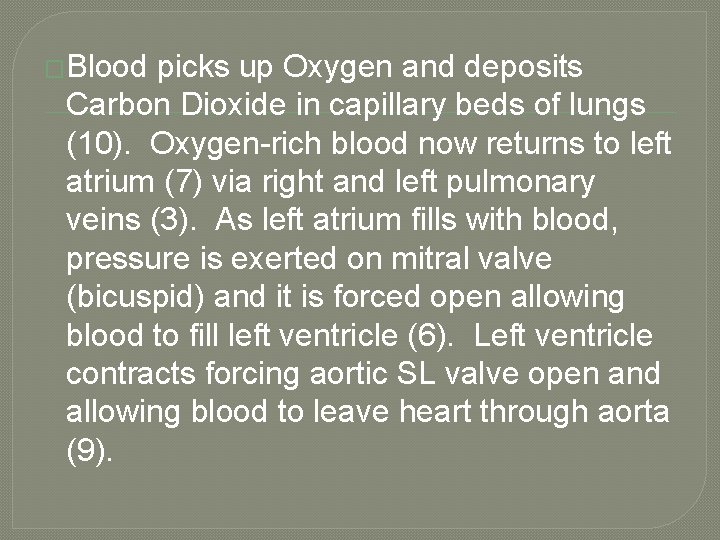 �Blood picks up Oxygen and deposits Carbon Dioxide in capillary beds of lungs (10).