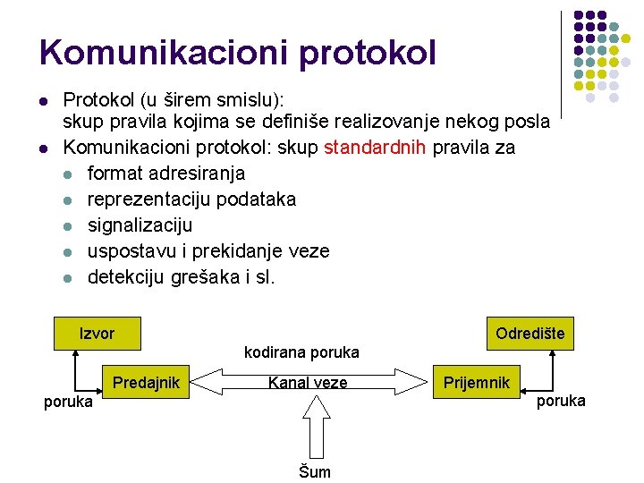 Komunikacioni protokol l l Protokol (u širem smislu): skup pravila kojima se definiše realizovanje