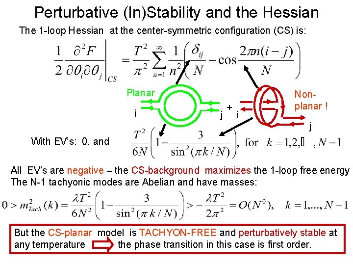 Perturbative (In)Stability and the Hessian The 1 -loop Hessian at the center-symmetric configuration (CS)