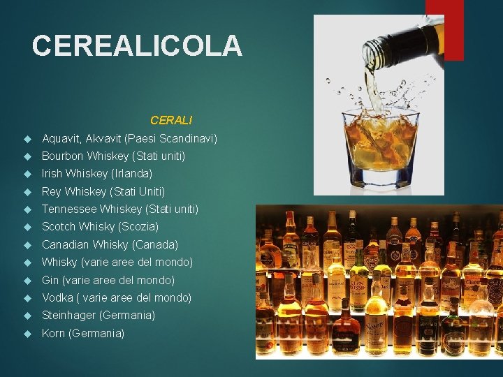 CEREALICOLA CERALI Aquavit, Akvavit (Paesi Scandinavi) Bourbon Whiskey (Stati uniti) Irish Whiskey (Irlanda) Rey