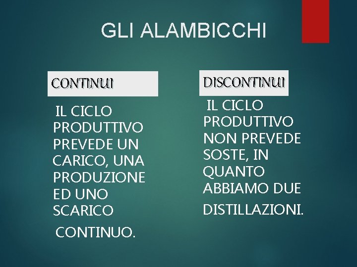 GLI ALAMBICCHI CONTINUI DISCONTINUI IL CICLO PRODUTTIVO PREVEDE UN CARICO, UNA PRODUZIONE ED UNO