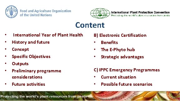 Content • • International Year of Plant Health History and future Concept Specific Objectives