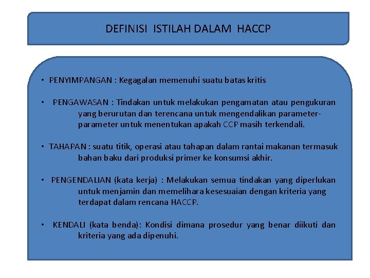 DEFINISI ISTILAH DALAM HACCP • PENYIMPANGAN : Kegagalan memenuhi suatu batas kritis • PENGAWASAN DEFINISI ISTILAH DALAM HACCP • PENYIMPANGAN : Kegagalan memenuhi suatu batas kritis • PENGAWASAN