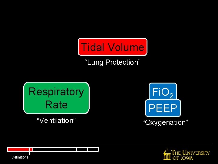 Tidal Volume “Lung Protection” Respiratory Rate “Ventilation” Definitions Fi. O 2 PEEP “Oxygenation” Tidal Volume “Lung Protection” Respiratory Rate “Ventilation” Definitions Fi. O 2 PEEP “Oxygenation”