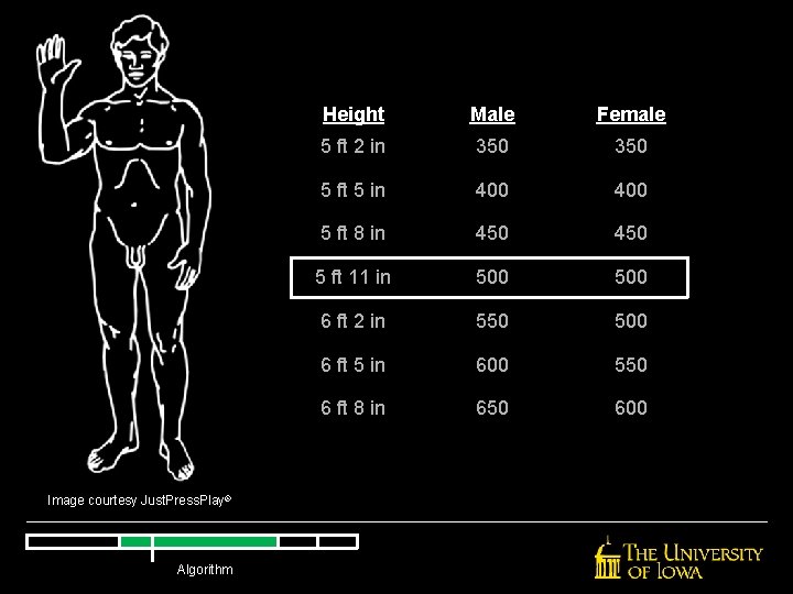 Image courtesy Just. Press. Play® Algorithm Height Male Female 5 ft 2 in 350 Image courtesy Just. Press. Play® Algorithm Height Male Female 5 ft 2 in 350