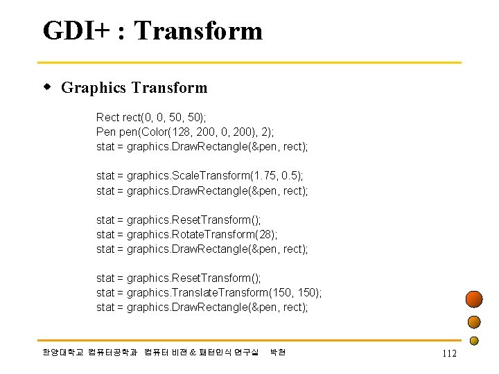 GDI+ : Transform w Graphics Transform Rect rect(0, 0, 50); Pen pen(Color(128, 200, 0,