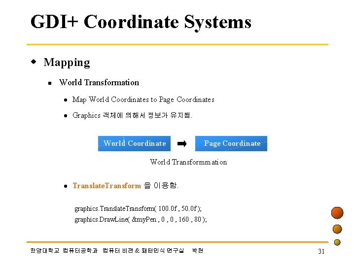 GDI+ Coordinate Systems w Mapping n World Transformation l Map World Coordinates to Page