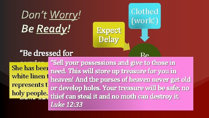 Don’t Worry! Be Ready! Expect Delay Clothed (work!) Lamps & Oil “Be dressed for