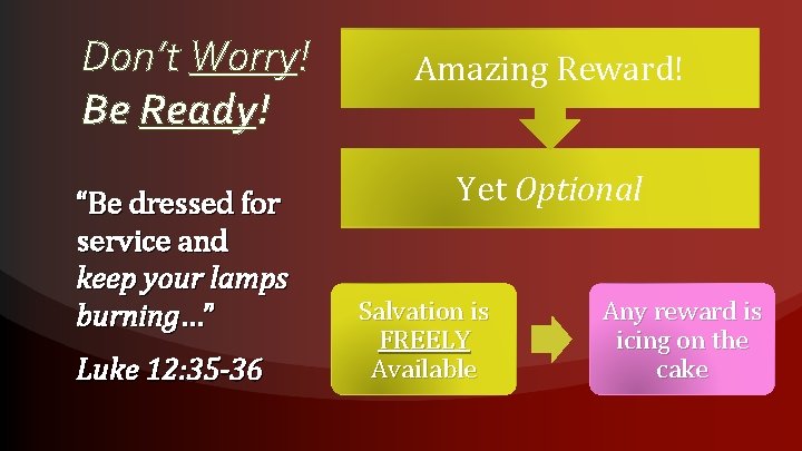 Don’t Worry! Be Ready! “Be dressed for service and keep your lamps burning…” Luke