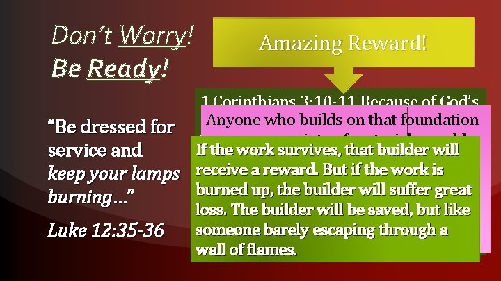 Don’t Worry! Be Ready! Amazing Reward! 1 Corinthians 3: 10 -11 Because of God’s