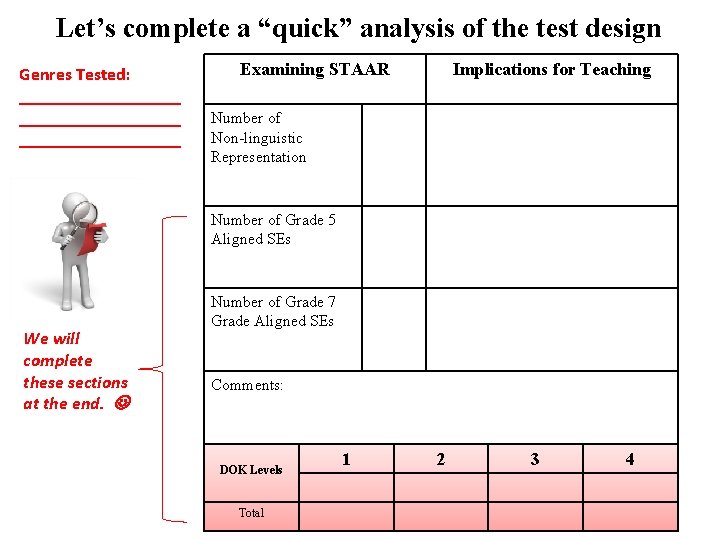 Let’s complete a “quick” analysis of the test design Genres Tested: __________________ Examining STAAR Let’s complete a “quick” analysis of the test design Genres Tested: __________________ Examining STAAR