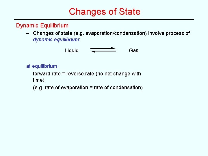 Changes of State Dynamic Equilibrium – Changes of state (e. g. evaporation/condensation) involve process Changes of State Dynamic Equilibrium – Changes of state (e. g. evaporation/condensation) involve process