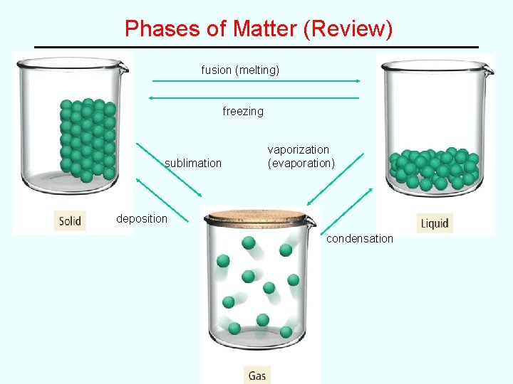 Phases of Matter (Review) fusion (melting) freezing sublimation vaporization (evaporation) deposition condensation Phases of Matter (Review) fusion (melting) freezing sublimation vaporization (evaporation) deposition condensation
