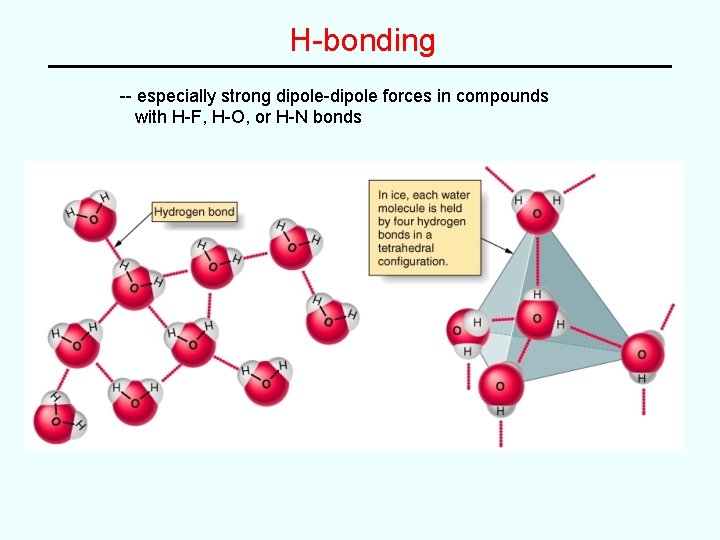H-bonding -- especially strong dipole-dipole forces in compounds with H-F, H-O, or H-N bonds H-bonding -- especially strong dipole-dipole forces in compounds with H-F, H-O, or H-N bonds