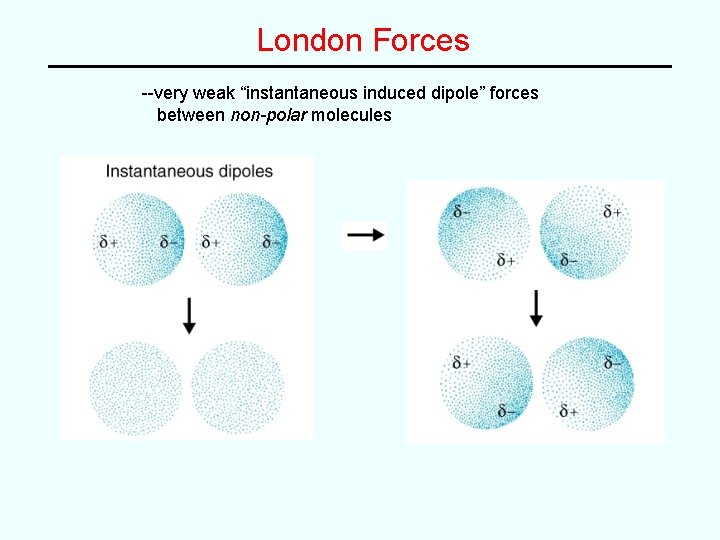 London Forces --very weak “instantaneous induced dipole” forces between non-polar molecules London Forces --very weak “instantaneous induced dipole” forces between non-polar molecules